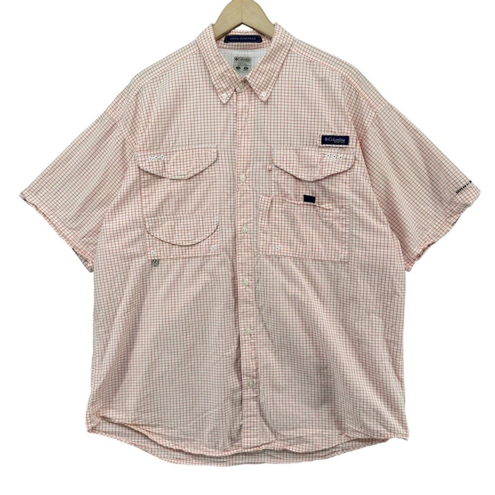 Columbia Super Bonehead Shirt Mens Orange Tattersall Short Sleeve Vented Size L